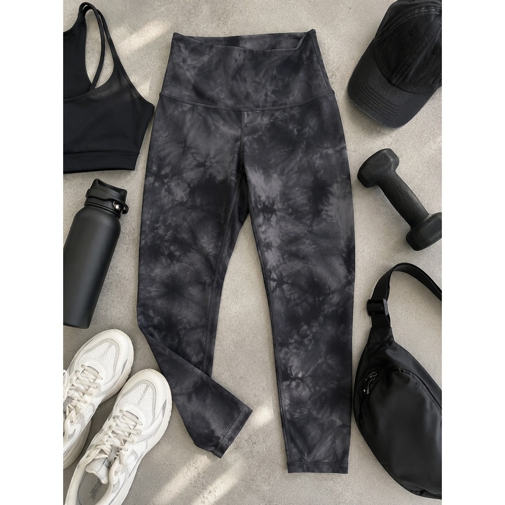 Lululemon Wunder Under High Rise Crop‎ Leggings Size 12 Black Gray Tie Dye Yoga